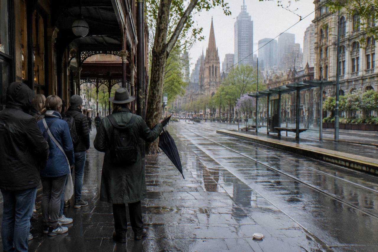 A guide holding up an umbrella while speaking to a small group of visitors on a Melbourne city street