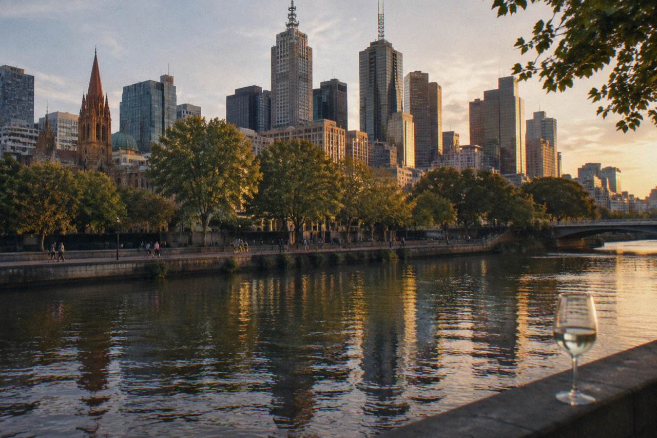 Adults strolling along the Yarra River promenade in Melbourne at golden hour with the city skyline behind them
