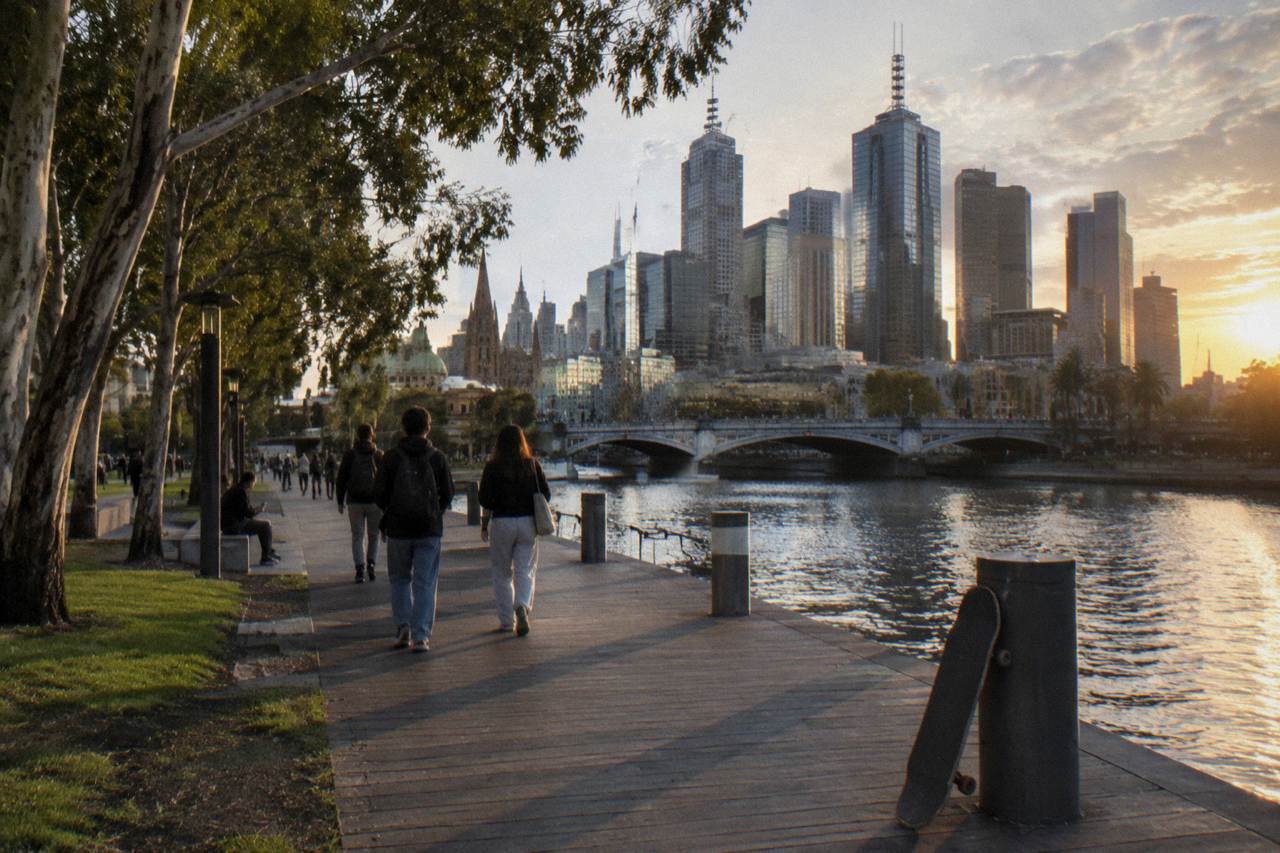 Young people walking along the Yarra River promenade in Melbourne at golden hour