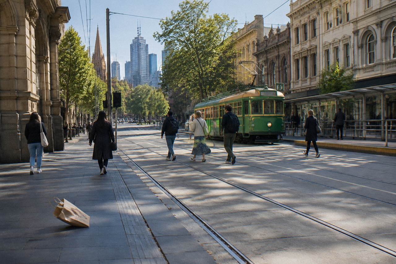 People crossing a Melbourne city street with tram tracks and historic stone buildings on a weekend afternoon