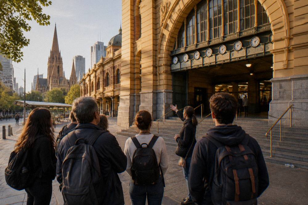A guide speaking to tourists under the clocks at Flinders Street Station in Melbourne