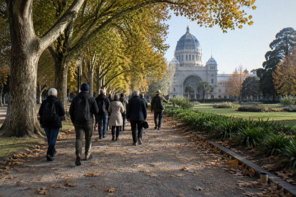 Tourists walking with a guide past heritage buildings in central Melbourne