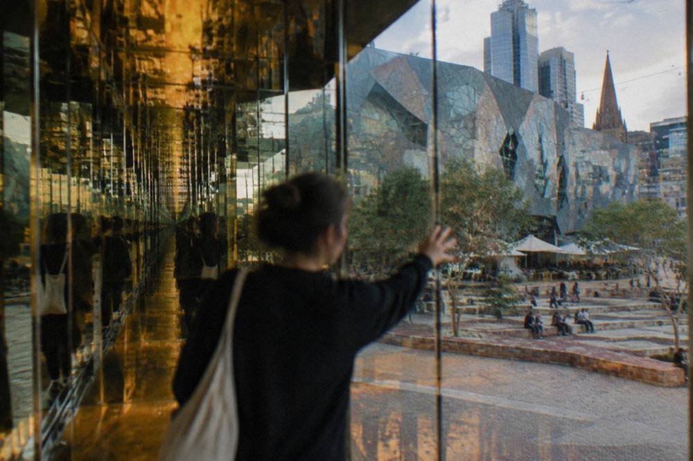 A mirrored corridor inside the Wonderland exhibition at ACMI in Melbourne