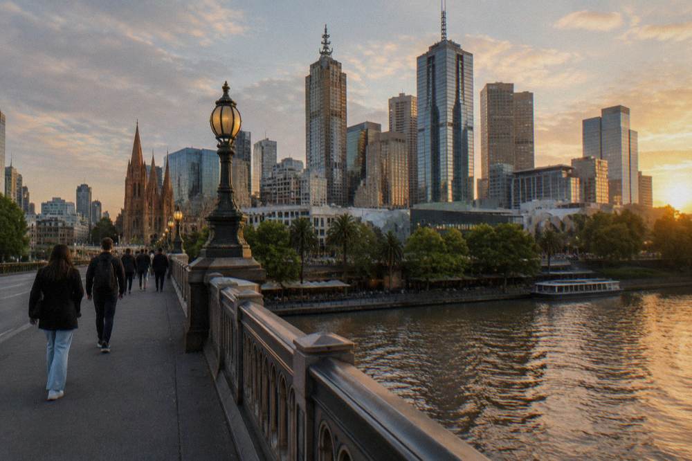 Pedestrians crossing a bridge over the Yarra River toward the Southbank skyline at golden hour