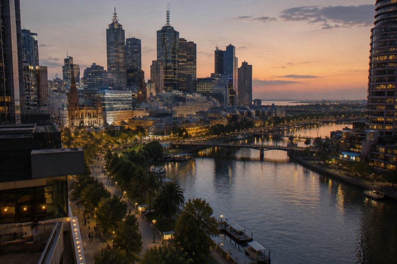 View over Melbourne's city skyline and the Yarra River from a high observation deck at dusk
