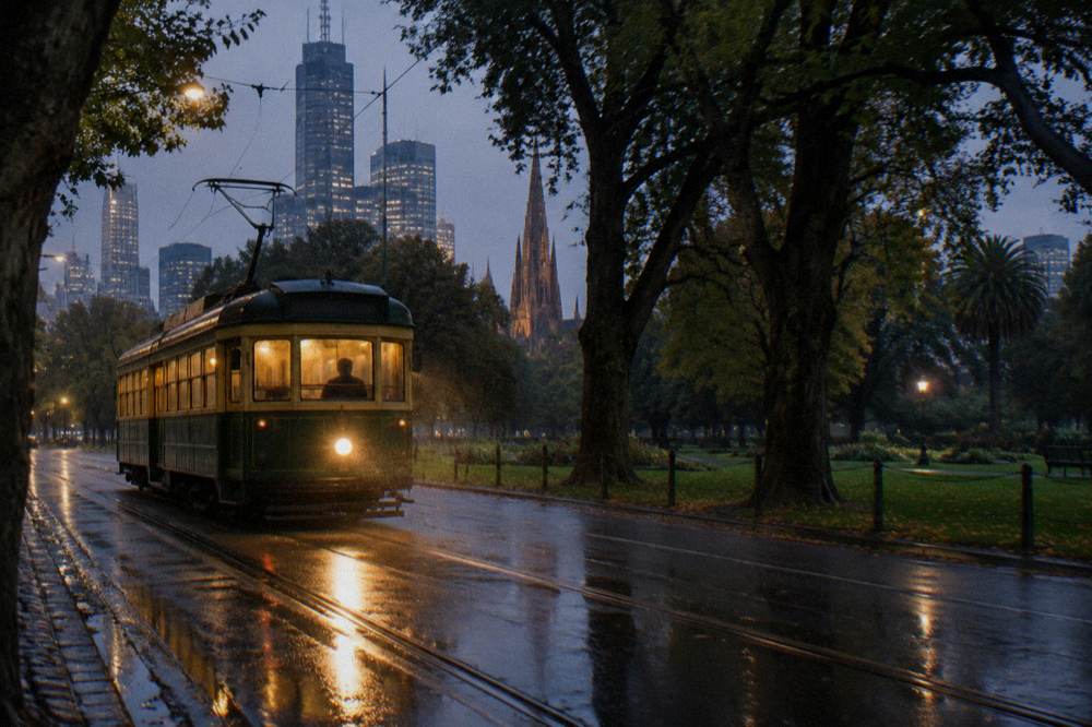 A tram on a tree-lined Melbourne street near the edge of Fitzroy Gardens