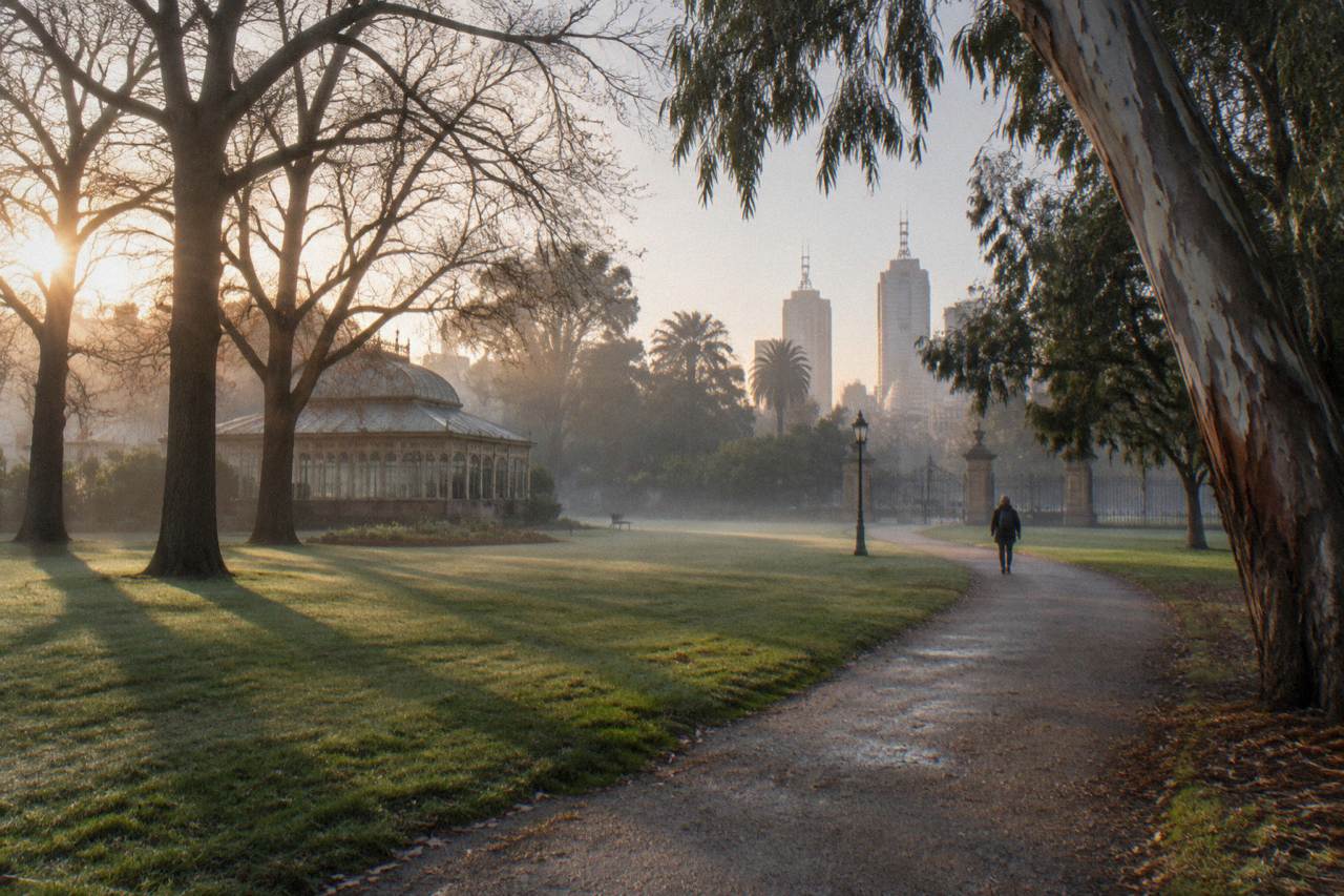 Wide view of Fitzroy Gardens in Melbourne with tall elm trees, green lawns and a curved path