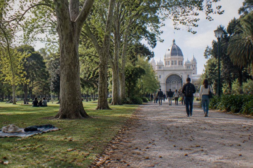 Tree-lined paths and green lawns of a public garden with people strolling on a mild day