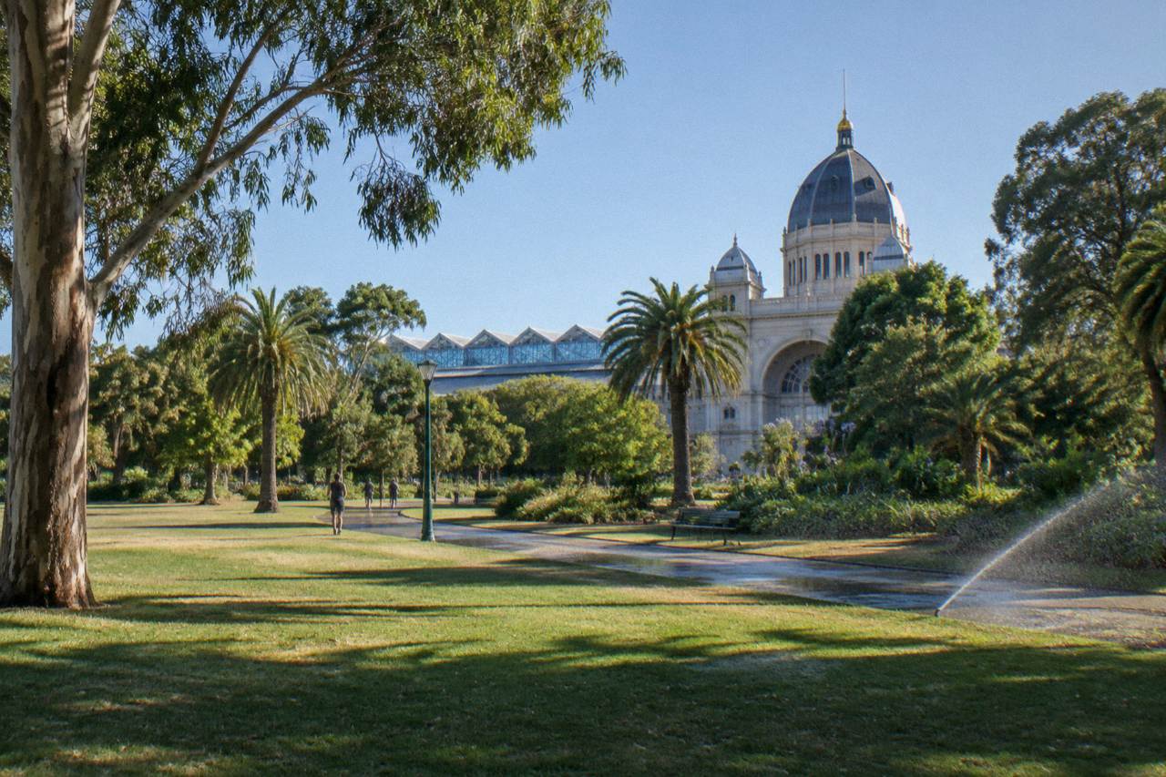 The Melbourne Museum building in Carlton Gardens under a clear sky, with its angular roofline and surrounding trees