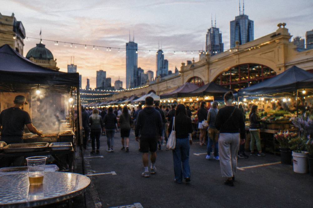 Evening crowds browsing lit food stalls at the Queen Victoria Market night market