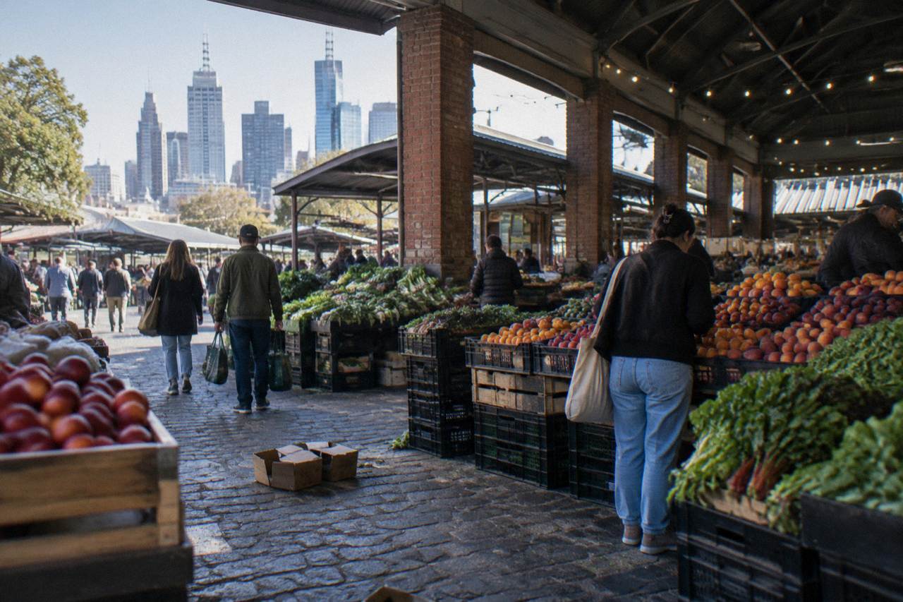 Shoppers browsing fresh produce stalls under the heritage shed roof at Queen Victoria Market in Melbourne