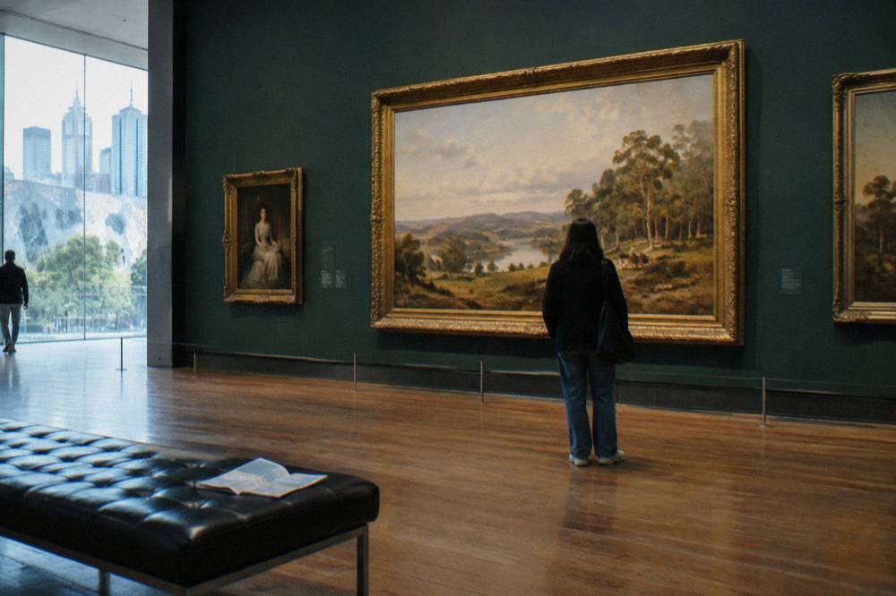 A gallery visitor reading wall text beside large framed paintings in a lit exhibition room at the NGV