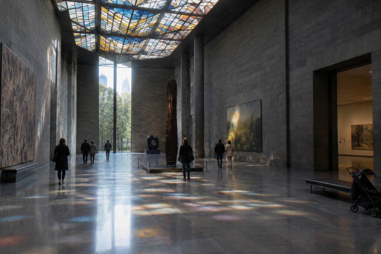 Visitors walking through the grand ground-floor gallery hall of the National Gallery of Victoria in Melbourne