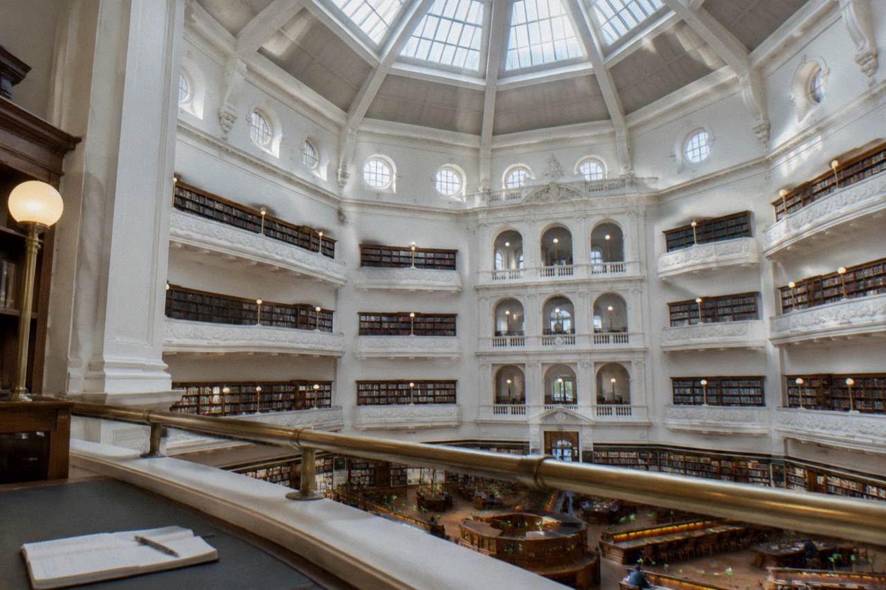 The octagonal La Trobe Reading Room dome at the State Library of Victoria seen from an upper gallery