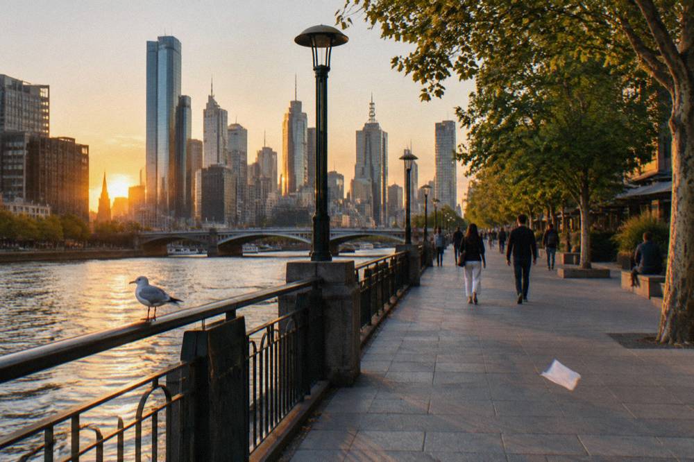 People strolling along the Southbank promenade beside the Yarra River with the city skyline behind them