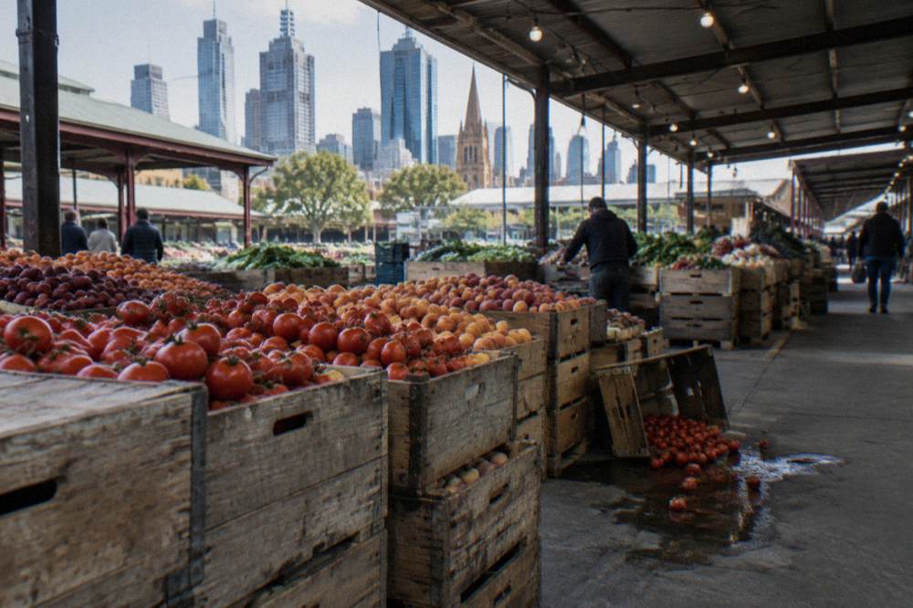 Shoppers browsing fresh produce stalls under the heritage sheds at Queen Victoria Market
