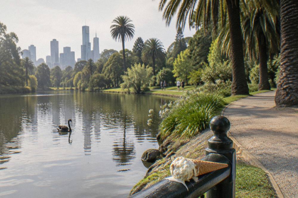 People strolling along a tree-lined path beside the lake in the Royal Botanic Gardens Melbourne
