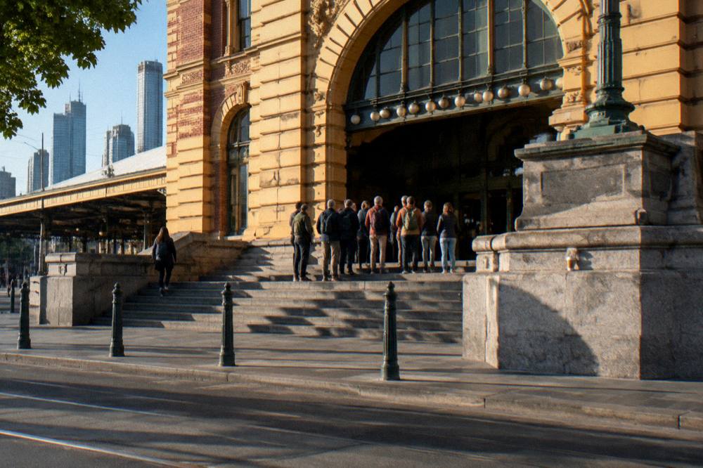 A walking tour group gathered with a guide outside a grand old city railway station