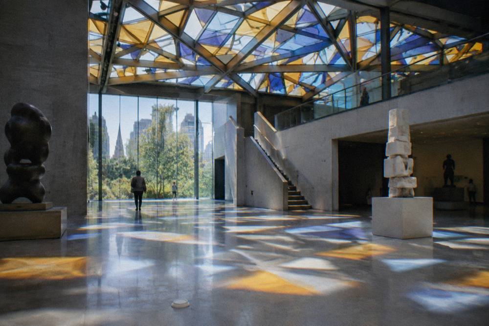 The stained glass ceiling of the Great Hall inside the National Gallery of Victoria
