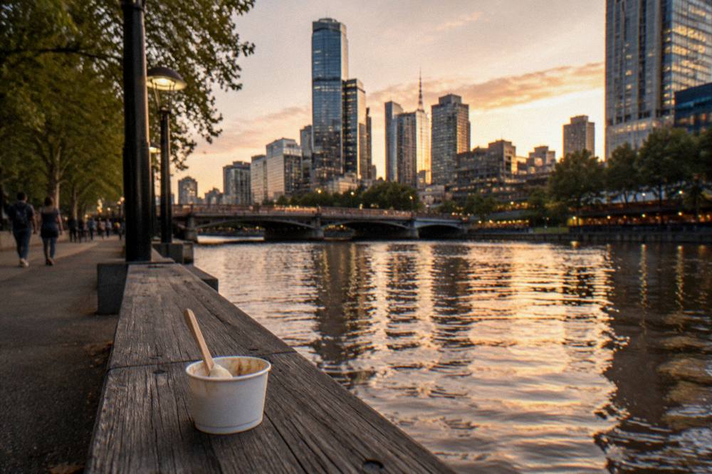 The lit-up Southbank promenade along the Yarra River with the Melbourne skyline behind it