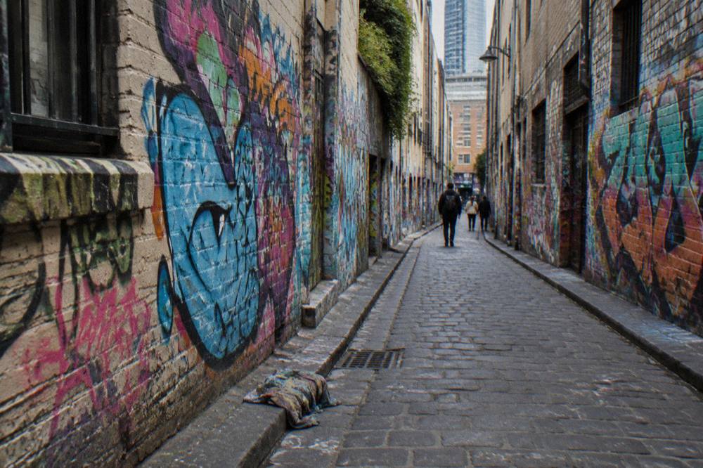 Hosier Lane in Melbourne covered from floor to ceiling in colourful street art