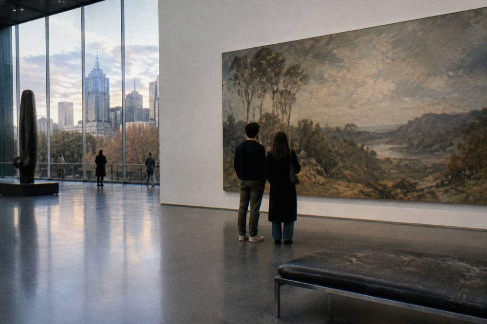 A couple admiring a large painting in a bright modern gallery space