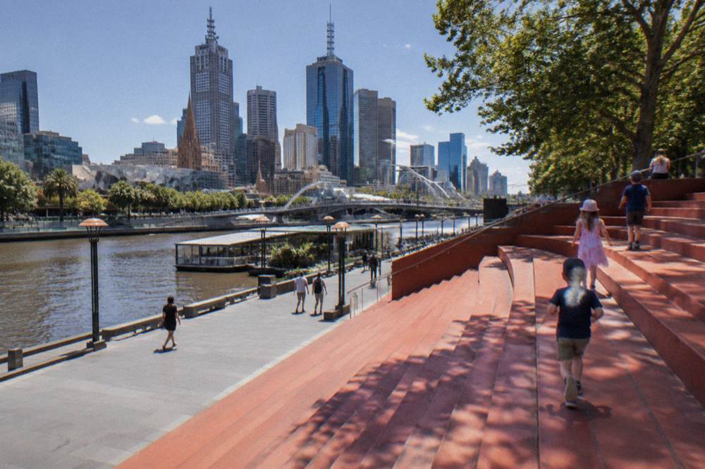 The Southbank promenade beside the Yarra River with the Red Stair Amphitheatre in view