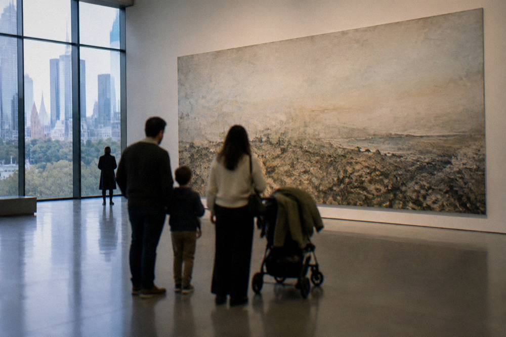 Families with children viewing large artworks inside the National Gallery of Victoria