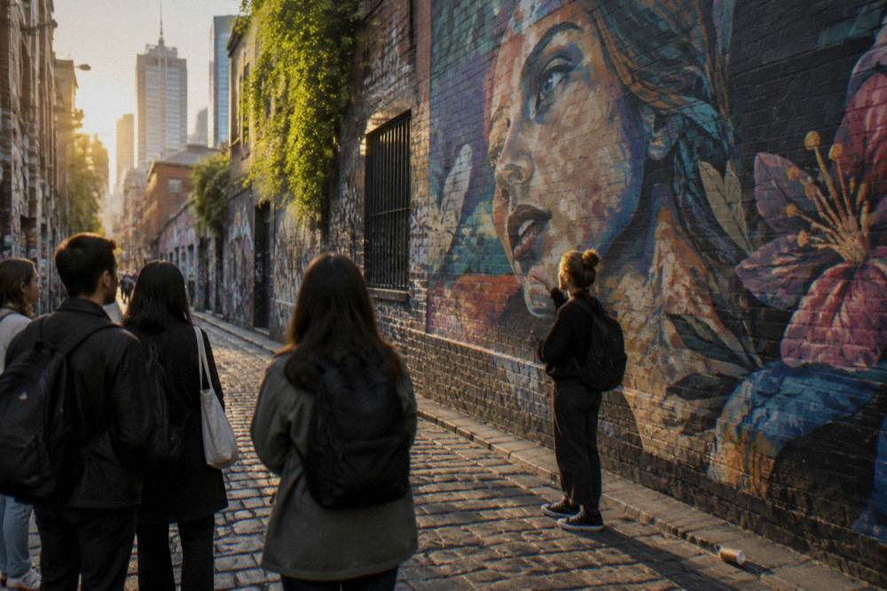 A tour group standing in a painted laneway while a guide gestures at a mural