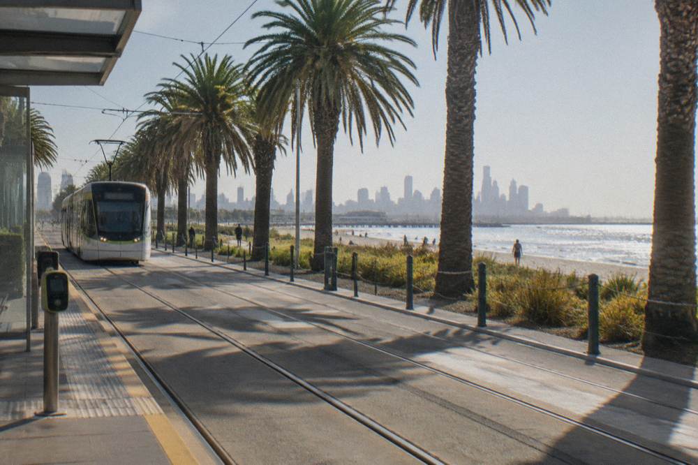 A tram travelling along a tree-lined street toward the St Kilda foreshore